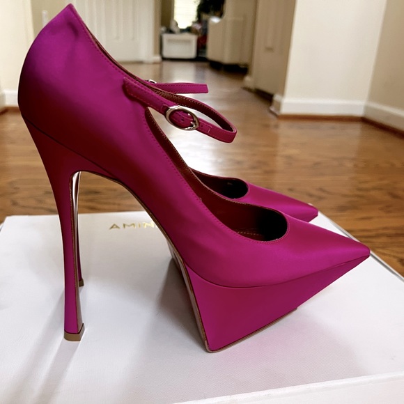 Amina Muaddi Pink Yigit Pointed Satin Platform Pumps in 40.5 - Picture 5 of 12